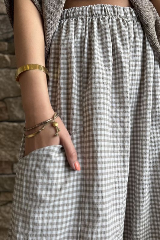 Arbi Gingham 7/8 Barrel Pant Mocha
